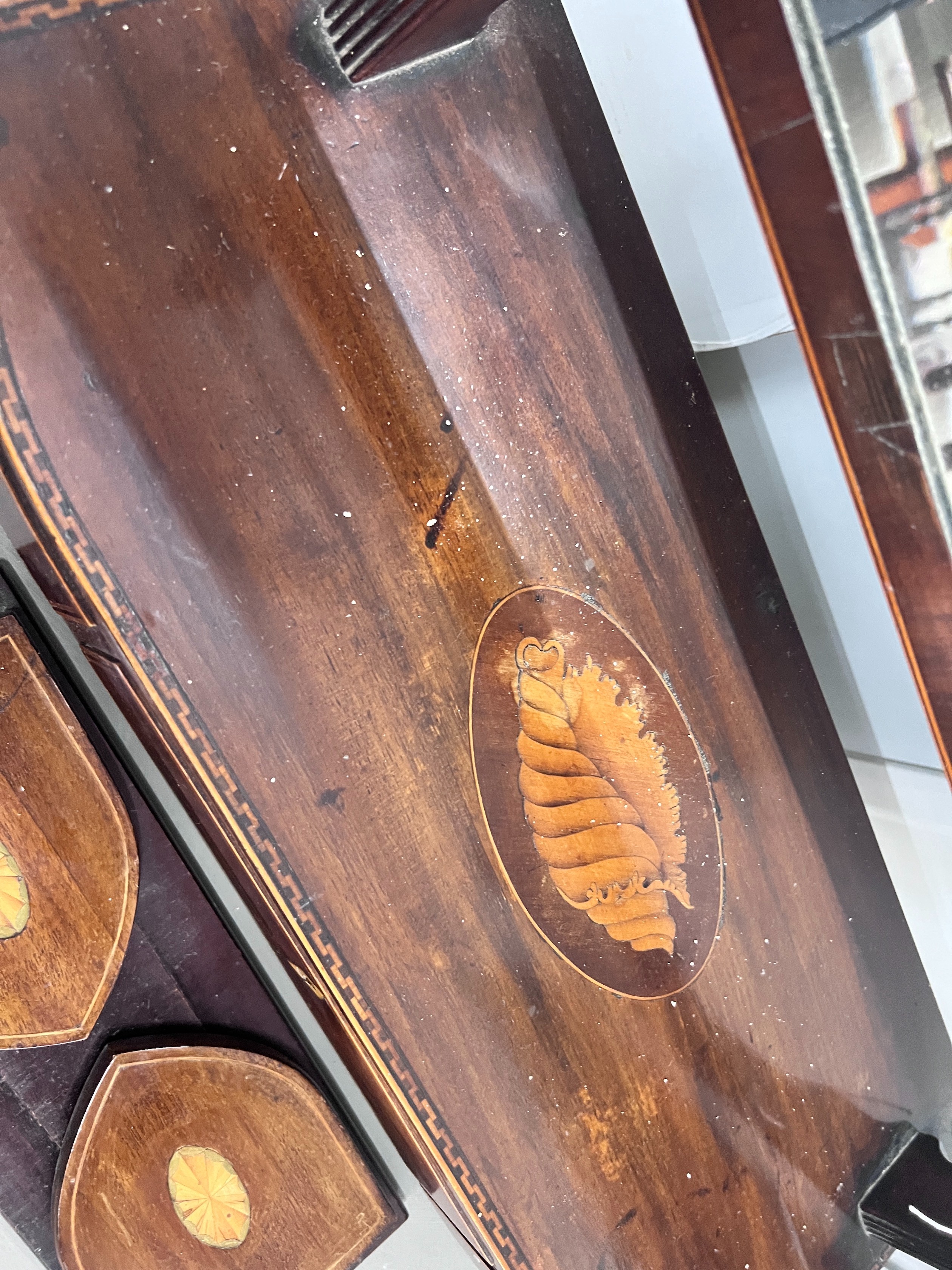 A George III inlaid mahogany toilet mirror, width 55cm, height 57cm together with an Edwardian inlaid book slide *Please note the sale commences at 9am.